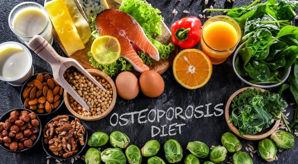 Whole fruits and vegetables with Osteoporosis diet writen in the middle